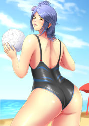 Rule 34 | 1girl, absurdres, alternate costume, ass, ball, bare shoulders, black one-piece swimsuit, blue hair, blurry, blurry background, blush, cowboy shot, female focus, flower, from behind, hair bun, hair flower, hair ornament, highres, holding, holding ball, konan (naruto), looking at viewer, looking back, naruto (series), naruto shippuuden, one-piece swimsuit, orange eyes, outdoors, parted lips, playing sports, shiny clothes, shiny skin, short hair, smile, solo, swimsuit, volleyball, volleyball (object), zarukiya