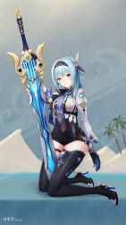 Rule 34 | 1girl, absurdres, bare shoulders, black footwear, black gloves, black hairband, black shorts, blue hair, blue necktie, boots, clothing cutout, eula (genshin impact), genshin impact, gloves, gu ling yu, hair ornament, hairband, high heel boots, high heels, highleg shorts, highres, juliet sleeves, kneeling, long sleeves, looking at viewer, medium hair, necktie, puffy sleeves, shirt, short shorts, shorts, shoulder cutout, solo, sword, thigh boots, thighs, tree, weapon, white shirt, yellow eyes