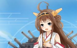 Rule 34 | 10s, 1girl, ahoge, bare shoulders, brown hair, cloud, day, detached sleeves, double bun, hair ornament, hairband, headgear, japanese clothes, kantai collection, kongou (kancolle), long hair, nontraditional miko, open mouth, personification, ray-en, rei-en, skirt, sky, solo, thighhighs, zettai ryouiki