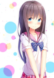 Rule 34 | 1girl, alexmaster, black hair, blue bow, blue eyes, bow, bowtie, collarbone, eyebrows, highres, long hair, looking at viewer, original, own hands together, pink skirt, pleated skirt, school uniform, serafuku, shirt, skirt, smile, solo, striped, striped bow, white shirt
