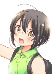 Rule 34 | 10s, 1girl, ahoge, black hair, blush, breasts, brown eyes, collared shirt, green shirt, looking at viewer, natsuno hanabi, open mouth, shirt, short hair, simple background, sketch, sleeveless, small breasts, smile, solo, tachibanakan triangle, tatsunokosso, upper body, white background