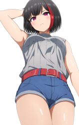 Rule 34 | 1girl, arm behind head, arm up, bang dream!, belt, black hair, blue shorts, breasts, closed mouth, commentary, from below, grey sweater, highres, looking at viewer, looking down, mitake ran, multicolored hair, noshimurin, purple eyes, red belt, red hair, short hair, short shorts, shorts, simple background, sleeveless, sleeveless turtleneck, small breasts, solo, standing, streaked hair, sweater, turtleneck, two-tone hair, white background