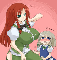 Rule 34 | 1girl, blue eyes, blush, braid, breast envy, breasts, china dress, chinese clothes, dress, female focus, green eyes, hong meiling, huge breasts, impossible clothes, impossible shirt, izayoi sakuya, oro (zetsubou girl), red hair, saliva, shirt, silver hair, solo focus, embodiment of scarlet devil, touhou, twin braids, aged down