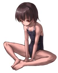 Rule 34 | 1girl, arm support, barefoot, blue one-piece swimsuit, brown eyes, brown hair, butterfly sitting, child, collarbone, embarrassed, feet together, one-piece swimsuit, original, ranma (kamenrideroz), simple background, sitting, solo, swimsuit, thighs, white background