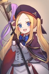 Rule 34 | 1girl, :d, abigail williams (fate), artoria caster (fate), artoria caster (fate) (cosplay), artoria caster (second ascension) (fate), artoria pendragon (fate), belt, beret, black bow, blonde hair, blue belt, blue cape, blue eyes, blue hat, bow, breasts, cape, cosplay, dress, fate/grand order, fate (series), forehead, hat, highres, holding, holding staff, long hair, miya (miyaruta), multiple bows, open mouth, orange bow, parted bangs, small breasts, smile, solo, staff, teeth, twintails, upper teeth only, white dress