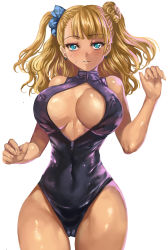 Rule 34 | 10s, 1girl, absurdres, asymmetrical hair, blonde hair, blue eyes, blush, breasts, cameltoe, cleavage, covered erect nipples, dark-skinned female, dark skin, female focus, front zipper swimsuit, galko, hair bun, hair ribbon, highres, large breasts, long hair, looking at viewer, meme attire, one-piece swimsuit, one side up, oshiete! galko-chan, parted lips, ribbon, scrunchie, side bun, simple background, single side bun, skin tight, solo, swimsuit, whistlerx, white background, zipper
