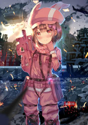 Rule 34 | 1girl, aircraft, airplane, airship, animal hat, bandana, blush, building, bullpup, camouflage, closed mouth, cloud, commentary request, corpse, facebook username, fire, fur-trimmed gloves, fur trim, gameplay mechanics, gloves, gun, hat, head tilt, holding, holding gun, holding weapon, jacket, llenn (sao), looking at viewer, nose blush, outdoors, p-chan (p90), p-chan (sao), p90, pants, personal defense weapon, pink bandana, pink gloves, pink hat, pink jacket, pink neckwear, pink pants, pixiv id, rabbit hat, red eyes, ruins, sky, skyscraper, smile, smoke, solo, submachine gun, sword art online, sword art online alternative: gun gale online, train, twitter username, weapon, xephonia
