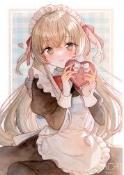 Rule 34 | 1girl, apron, artist name, black dress, blue eyes, blush, bow, bowtie, box, brown hair, closed mouth, dress, frilled apron, frills, gift, gingham, hair ribbon, heart, heart-shaped box, highres, holding, holding gift, juliet sleeves, long hair, long sleeves, looking at viewer, maid, maid apron, maid headdress, original, painting (medium), puffy sleeves, red bow, red bowtie, red ribbon, ribbon, smile, solo, traditional media, two side up, upper body, valentine, watercolor (medium), white apron, yachi waki