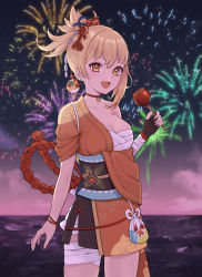 Rule 34 | 1girl, bandaged arm, bandages, blonde hair, breasts, brown eyes, chest tattoo, cleavage, fireworks, genshin impact, highres, japanese clothes, kimono, looking at viewer, medium breasts, mongkyung, night, night sky, ocean, open mouth, sarashi, sky, smile, solo, standing, tattoo, yoimiya (genshin impact)