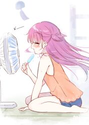 Rule 34 | 1girl, = =, barefoot, between legs, blue shorts, blush, child, closed eyes, commentary, electric fan, floating hair, floral print, food, from side, hair between eyes, hand between legs, hand up, highres, holding, holding food, holding ice cream, hot, ice cream, indoors, katou umi, leaning forward, long hair, open mouth, orange shirt, popsicle, profile, purple hair, sakura aki, shirt, shorts, simple background, sitting, sleeveless, sleeveless shirt, solo, sound effects, summer, summer pockets, sweat, two side up, very long hair, wariza, white background