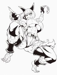 Rule 34 | 1girl, :3, abs, absurdres, animal ears, ass, bare shoulders, barefoot, belt, belt buckle, belt pouch, bob cut, breasts, buckle, cat ears, cat girl, crop top, eyebrows hidden by hair, feet, fingerless gloves, fingernails, fish skeleton, full body, gloves, greyscale, highres, holding, large breasts, looking at viewer, monochrome, ms. fortune (skullgirls), muscular, muscular female, navel, no bra, pants, pouch, scar, sharp fingernails, sharp toenails, short hair, skullgirls, sleeveless, solo, thick thighs, thighhighs, thighs, toenails, toned, tongue, tongue out, torn clothes, torn pants, underboob, websake