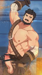 Rule 34 | 1boy, abs, bandaged arm, bandages, bar censor, bara, beard, black eyes, black hair, blacksmith, blush, censored, embers, erection, facial hair, genshin impact, highres, large pectorals, leather, looking at viewer, male focus, mature male, mazjojo, muscular, muscular male, mustache, navel, nipples, paid reward available, pectorals, penis, paid reward available, short hair, solo, stomach, topless male, wagner (genshin impact)