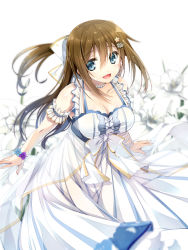 Rule 34 | 1girl, :d, anata no risou no heroine, arm garter, bare arms, bare shoulders, blue eyes, bow, breasts, brown hair, cleavage, collarbone, cross-laced clothes, dress, feet out of frame, frilled dress, frilled straps, frills, hair between eyes, hair bow, hair ornament, hairclip, halter dress, halterneck, large breasts, long dress, long hair, looking at viewer, love live!, love live! nijigasaki high school idol club, love live! school idol festival, love live! school idol festival all stars, open mouth, osaka shizuku, pleated dress, ponytail, sidelocks, smile, solo, star (symbol), star hair ornament, white dress, yuuki makoto (radiant)