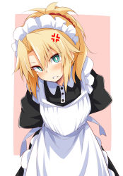 Rule 34 | 1girl, alternate costume, anger vein, apron, beige background, blush, chata maru (irori sabou), commentary request, dress, enmaided, fate/grand order, fate (series), green eyes, hair ornament, hair scrunchie, highres, long hair, long sleeves, looking at viewer, maid, maid headdress, mordred (fate), mordred (fate/apocrypha), parted bangs, red scrunchie, scrunchie, simple background, solo, teeth, white background