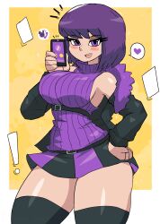 Rule 34 | !, 1girl, absurdres, belt, black belt, black jacket, black thighhighs, blush, breasts, cellphone, grin, hand on own hip, heart, highres, holding, holding phone, incoming call, jacket, large breasts, long sleeves, looking at viewer, open clothes, open jacket, open mouth, original, phone, purple eyes, purple hair, purple skirt, purple sweater, purple theme, rabbit, short hair, skirt, sleeveless, sleeveless sweater, smartphone, smile, sparkle, speech bubble, spoken heart, standing, striped clothes, striped skirt, sweater, teeth, thick thighs, thighhighs, thighs, tony welt, venda&#039;s rabbit (tony welt), venda (tony welt), wide hips, yellow background
