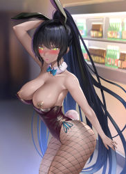 Rule 34 | 1girl, animal ears, ass, bare shoulders, black hair, black leotard, blue archive, blush, breasts, breasts out, cleavage, curvy, fishnets, highleg, highleg leotard, highres, huge ass, karin (blue archive), karin (bunny) (blue archive), kariza, large breasts, leotard, long hair, looking at viewer, nipples, official alternate costume, playboy bunny, rabbit ears, rabbit tail, solo, standing, tail, thong leotard, very long hair, wide hips, yellow eyes