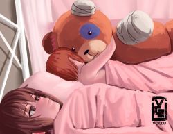 Rule 34 | 2girls, 500 dollar four foot tall mareep (meme), artist logo, artist name, bed, bedroom, blanket, brown eyes, brown hair, commentary, english commentary, frown, girls und panzer, half-closed eyes, highres, indoors, meme, multiple girls, nishizumi maho, nishizumi miho, hugging object, on bed, one-hour drawing challenge, oversized object, short hair, siblings, sisters, sleeping, stuffed toy, unamused, under covers, voc