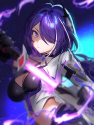 Rule 34 | 1girl, absurdres, acheron (honkai: star rail), adamosina, black choker, black gloves, breasts, choker, cleavage, commentary, english commentary, gloves, hair over one eye, highres, holding, holding sword, holding weapon, honkai: star rail, honkai (series), large breasts, long hair, looking at viewer, navel, purple eyes, purple hair, sketch, solo, stomach, sword, unfinished, upper body, very long hair, weapon
