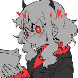 Rule 34 | 1girl, black horns, black suit, blush, book, breasts, business suit, curly hair, demon girl, demon horns, formal, heart, heart-shaped pupils, helltaker, highres, holding, holding book, horns, long sleeves, looking at viewer, looking to the side, medium hair, modeus (helltaker), monster girl, own hands together, red eyes, red sweater, ribbed shirt, shirt, short hair, simple background, sleeves past wrists, small breasts, solo, ssambatea, standing, suit, sweater, symbol-shaped pupils, tail, thighhighs, turtleneck, upper body, white background, white hair