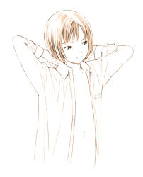 Rule 34 | 1girl, dress shirt, flat chest, monochrome, open clothes, open shirt, original, shirt, short hair, simple background, sketch, solo, traditional media, white background, yoshitomi akihito