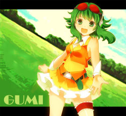 Rule 34 | 1girl, bad id, bad pixiv id, belt, chaba (hortensia), earphones, female focus, goggles, green eyes, green hair, gumi, headset, letterboxed, matching hair/eyes, nature, outdoors, short hair, skirt, sky, solo, vocaloid, wrist cuffs