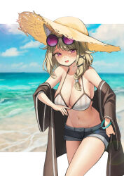 Rule 34 | 1girl, absurdres, animal ear fluff, animal ears, arknights, bangle, bare shoulders, beach, bikini, bikini top only, blue shorts, blush, bracelet, breasts, cleavage, cowboy shot, day, dong ji, eyewear on head, hair ornament, hair over shoulder, hat, highres, jewelry, large breasts, light brown hair, long hair, looking at viewer, navel, official alternate costume, outdoors, pink eyes, purple eyes, short shorts, shorts, sidelocks, solo, standing, stomach, straw hat, striped bikini, striped clothes, summer, sun hat, sunglasses, swimsuit, swimsuit cover-up, tinted eyewear, utage (arknights), utage (summer flowers) (arknights), white bikini, x hair ornament