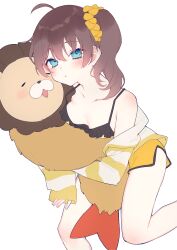 Rule 34 | 1girl, :d, absurdres, ahoge, bare shoulders, bed, blue eyes, blush, breasts, brown hair, camisole, chiyomaru (yumichiyo0606), collarbone, ebi frion (natsuiro matsuri), frills, groin, hair between eyes, hair ornament, hair scrunchie, highres, holding, hololive, hug, hugging doll, hugging object, jacket, long sleeves, looking at viewer, natsuiro matsuri, natsuiro matsuri (matsuri&#039;s day off), off shoulder, official alternate costume, open clothes, open jacket, open mouth, orange scrunchie, pajamas, scrunchie, short hair, short shorts, shorts, side ponytail, sidelocks, sitting, sleeveless, sleeves past wrists, small breasts, smile, solo, stuffed animal, stuffed toy, virtual youtuber, white jacket, yellow camisole, yellow jacket, yellow shorts