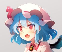 Rule 34 | 1girl, 60mai, :d, bat wings, blue hair, blush, brooch, commentary, dress, fang, grey background, hair between eyes, hat, hat ribbon, jewelry, mob cap, open mouth, pink dress, pink hat, portrait, puffy sleeves, red eyes, red ribbon, remilia scarlet, ribbon, short hair, sidelocks, simple background, smile, solo, touhou, v-shaped eyebrows, wings
