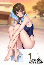 Rule 34 | 1girl, barefoot, blue one-piece swimsuit, feet, full body, highres, one-piece swimsuit, outdoors, re:shimashima, sitting, solo, swimsuit, toes, tokyo exe girls, wet, wet hair