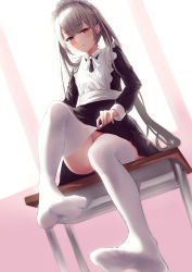 Rule 34 | 1girl, absurdres, adjusting clothes, adjusting legwear, apron, black dress, bloom, blush, bow, bowtie, desk, dress, dutch angle, feet, frilled apron, frills, gileu, grey hair, half-closed eyes, highres, indoors, knee up, long hair, looking at viewer, maid, maid headdress, no shoes, on desk, original, parted lips, purple eyes, school desk, sidelocks, sitting, soles, thighhighs, twintails, white thighhighs, window