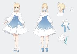 Rule 34 | 1girl, ahoge, alternate costume, artoria pendragon (fate), avalon (fate/stay night), bare shoulders, blue flower, blue ribbon, braid, commentary request, earrings, fate/grand order, fate (series), flower, flower earrings, french braid, frilled sleeves, frills, green eyes, holding, holding sheath, jewelry, kamiowl, looking at viewer, outstretched hand, ribbon, saber (fate), sheath, smile, solo, standing, symbol-only commentary, white background, white flower