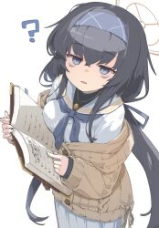 Rule 34 | 1girl, ?, bags under eyes, black hair, blue archive, book, bow, commentary, grey eyes, hair between eyes, hair bow, hair ribbon, hairband, halo, highres, holding, holding book, hoshi umi, jewelry, long hair, long skirt, looking at viewer, low twintails, necklace, parted lips, pleated skirt, pointing, ribbed sweater, ribbon, school uniform, serafuku, sidelocks, simple background, skirt, solo, sweater, turtleneck, turtleneck sweater, twintails, ui (blue archive), white background
