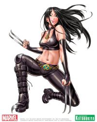 Rule 34 | 10s, 1girl, bare shoulders, belt buckle, black hair, blade, boots, breasts, bridal gauntlets, buckle, choker, claws, cleavage, clenched hands, clothing cutout, copyright name, fighting stance, floating hair, full body, green eyes, high heels, jewelry, knee boots, knee pads, kneeling, laura kinney, leather, lingerie, lipstick, long hair, looking up, makeup, marvel, midriff, navel, pants, parted bangs, pendant, shiny clothes, shoes, side cutout, simple background, skull, smile, solo, sports bra, spread legs, underwear, white background, x-23, x-men, yamashita shun&#039;ya