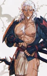 1boy bara bare_pectorals chest_hair commentary creatures_(company) dreamplpe english_commentary facial_hair fundoshi game_freak goatee highres hisuian_samurott holding holding_sword holding_weapon japanese_clothes katana large_pectorals long_hair looking_at_viewer male_focus muscular muscular_male nintendo nipples paid_reward_available pectorals personification pokemon red_eyes scar scar_on_chest sheath sheathed solo sword variant_set weapon white_hair