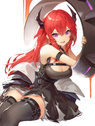 Rule 34 | 1girl, :d, akizone, arknights, armband, bare shoulders, black dress, black thighhighs, breasts, cleavage, commentary, dress, hair between eyes, highres, horns, infection monitor (arknights), large breasts, long hair, looking at viewer, open mouth, purple eyes, red hair, short dress, sitting, sleeveless, sleeveless dress, smile, solo, surtr (arknights), thigh strap, thighhighs, thighs, white background, zettai ryouiki