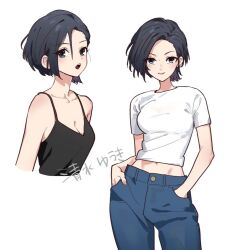 Rule 34 | 1girl, black camisole, black eyes, black hair, blue pants, breasts, camisole, cleavage, closed mouth, collarbone, commentary request, cowboy shot, crop top, etra-chan wa mita!, forehead, hands in pockets, karin (etra-chan wa mita!), looking at viewer, medium breasts, midriff, multiple views, navel, open mouth, pants, pocket, shimizuy418, shirt, short hair, short sleeves, simple background, smile, standing, t-shirt, teeth, translation request, upper teeth only, white background, white shirt