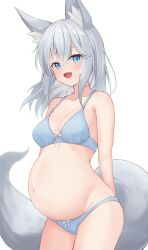 Rule 34 | 1girl, :d, absurdres, animal ear fluff, animal ears, arms behind back, big belly, blue bra, blue eyes, blue panties, blush, bra, breasts, collarbone, cowboy shot, fang, fox ears, fox girl, fox tail, grey hair, highres, long hair, looking at viewer, medium breasts, navel, open mouth, original, panties, pregnant, sakuma hiragi, simple background, smile, solo, tail, underwear, underwear only, white background