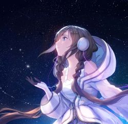 Rule 34 | 1girl, absurdly long hair, absurdres, braid, brown hair, character request, collarbone, dress, headphones, highres, long hair, night, night sky, parted lips, sky, solo, star (sky), starry sky, stella chen yui, twin braids, upper body, utau, very long hair, white dress
