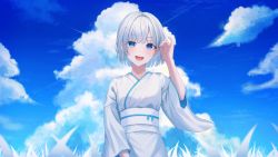 Rule 34 | 1girl, :d, absurdres, blue eyes, blue sky, cloud, commentary request, copyright request, day, hand up, highres, japanese clothes, kimono, long sleeves, obi, open mouth, outdoors, sarin (seoling), sash, short hair, silver hair, sky, smile, solo, teeth, upper teeth only, utaite, white kimono, wide sleeves