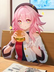 Rule 34 | 1girl, absurdres, beret, black bow, black hat, black shirt, blue eyes, blush, bow, burger, chinese commentary, chromatic aberration, collar, commentary request, cropped jacket, detached collar, food, food bite, food on face, hat, highres, holding, holding food, honkai: star rail, honkai (series), huang tie lin, jacket, march 7th (honkai: star rail), march 7th (kfc) (honkai: star rail), medium hair, multicolored clothes, multicolored jacket, off-shoulder jacket, off-shoulder shirt, off shoulder, official alternate costume, pink eyes, pink hair, red jacket, shirt, short sleeves, sitting, solo, two-tone eyes, upper body, white bow, white collar, white jacket, wrist bow