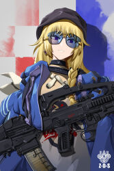 Rule 34 | 1girl, black choker, black hat, blonde hair, blue-tinted eyewear, blue jacket, braid, braided sidelock, bullpup, chinese commentary, choker, commentary, english commentary, girls&#039; frontline, gun, hat, highres, jacket, long hair, looking at viewer, military, mixed-language commentary, parted lips, rifle, single braid, smile, solo, tinted eyewear, upper body, vhs-d2, vhs (girls&#039; frontline), weapon, zhan-guo zang-ge