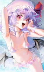 Rule 34 | 1girl, absurdres, bat wings, bikini, breasts, hat, highres, lalu (pixiv3307500), mob cap, navel, open mouth, remilia scarlet, small breasts, solo, swimsuit, touhou, water, wings