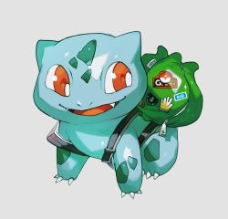 Rule 34 | backpack, bag, bulbasaur, claws, clothed pokemon, creatures (company), english text, fangs, full body, game freak, gen 1 pokemon, grey background, happy, looking back, looking to the side, newo (shinra-p), nintendo, no humans, open mouth, poke ball symbol, pokemon, pokemon (creature), red eyes, shiny skin, simple background, smile, solo, standing, sticker, zipper, zipper pull tab