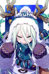 1girl antlers beanie blood blood_from_mouth blue_hat blue_scarf blush breasts character_name clenched_teeth echo_(circa) fate/grand_order fate_(series) hair_between_eyes hat horns long_hair long_sleeves looking_at_viewer louhi_(fate) louhi_(second_ascension)_(fate) mittens purple_mittens scarf sharp_teeth small_breasts solo sweatdrop sweater tearing_up teeth white_eyes white_hair white_sweater