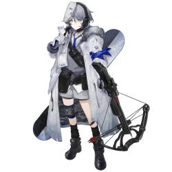Rule 34 | 1boy, animal, black legwear, blouse, blue necktie, boots, bow (weapon), coat, collared shirt, crossbow, ferret, full body, fur-trimmed coat, fur trim, game cg, girls&#039; frontline, girls&#039; frontline neural cloud, gloves, grey eyes, grey hair, grey vest, hair between eyes, headset, highres, holding, holding crossbow, holding weapon, knee pads, male focus, mask, mask on head, necktie, official art, scope, shirt, short hair, shorts, simo (neural cloud), single knee pad, snowboard, solo, transparent background, vest, weapon, white coat, white gloves, white shirt