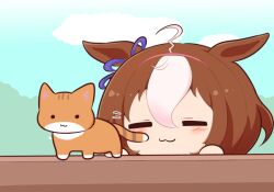 Rule 34 | . ., 1girl, :3, ahoge, animal, animal ears, blue sky, blush stickers, brown hair, cat, chibi, closed eyes, closed mouth, cloud, day, fence, gomashio (goma feet), hair between eyes, hairband, horse ears, meisho doto (umamusume), motion lines, multicolored hair, outdoors, pink hairband, sky, solo, two-tone hair, umamusume, white hair, wooden fence