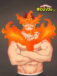 Rule 34 | 1boy, abs, bara, beard, boku no hero academia, crossed arms, endeavor (boku no hero academia), facial hair, fire, icelernd, large pectorals, male focus, manly, muscular, mustache, nipples, pectorals, red hair, smile, solo, spiked hair, upper body