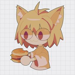 Rule 34 | 1girl, :3, alicezakat, animal ear fluff, animal ears, antenna hair, artist name, burger, cat ears, cat girl, cheese, chibi, closed mouth, cropped torso, eating, eyes visible through hair, female focus, flat chest, food, food bite, grey background, grid background, happy, highres, holding, holding food, looking at food, meat, monochrome, neco-arc, outline, shirt, short hair, short sleeves, sidelocks, simple background, sketch, smile, solo, tsukihime, twitter username, upper body, watermark, white outline