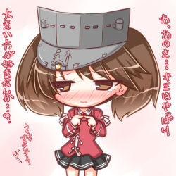Rule 34 | 1girl, black skirt, blush, brown eyes, brown hair, collared shirt, cowboy shot, fingers together, index fingers together, japanese clothes, kantai collection, kariginu, komakoma (magicaltale), long sleeves, looking away, looking to the side, magatama, nose blush, parted lips, pink background, pleated skirt, ryuujou (kancolle), shirt, simple background, skirt, solo, tears, translation request, twintails, visor cap, white shirt