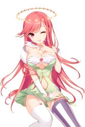Rule 34 | 1girl, asymmetrical legwear, bare shoulders, breasts, cleavage, dress, finger to mouth, garter straps, green dress, halo, heart, highres, long hair, medium breasts, mismatched legwear, official art, one eye closed, pink dress, purple eyes, shirahane nao, sitting, soccer spirits, star (symbol), thighhighs, transparent background, underwear, verister (soccer spirits)